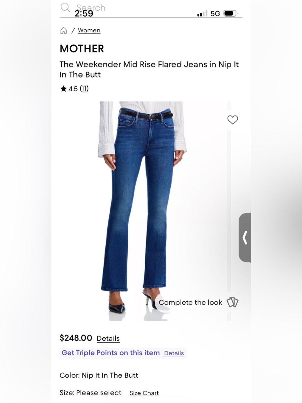 MOTHER The Weekender Mid Rise Flare Jeans in Nip it in the Butt size 24